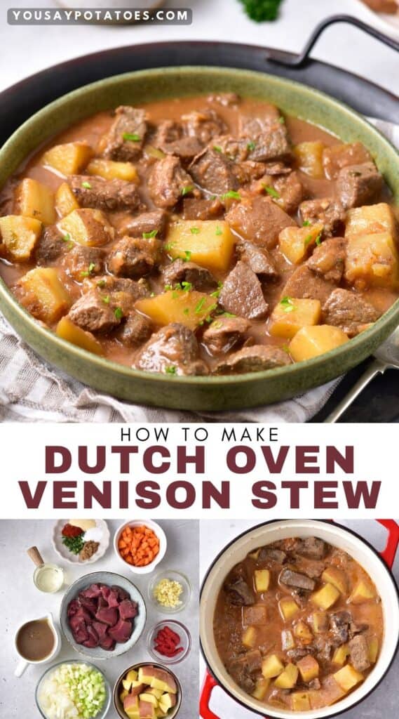 Bowl of stew, ingredients, and pot of stew cooking, with text: Dutch Oven Venison Stew.