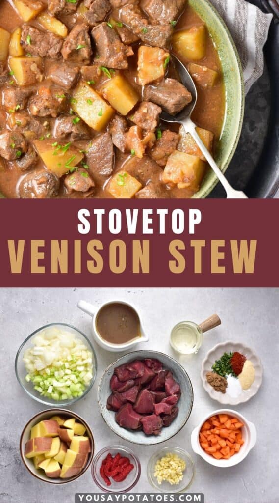 Bowl of stew, ingredients on a table, and text: Stovetop Venison Stew.