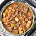 Bowl of venison stew with potatoes.
