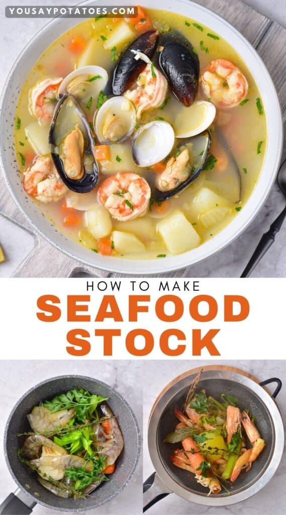 Bowl of seafood broth, photos of making it, and text: How to make seafood stock.