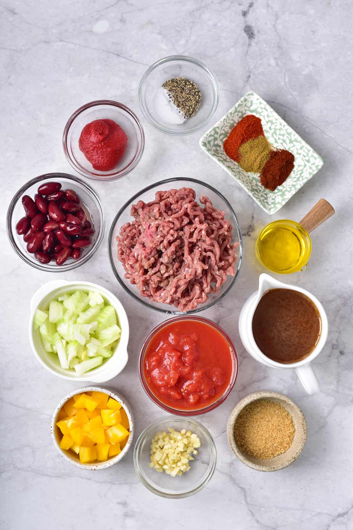 Ingredients for classic chilli con carne on a table.