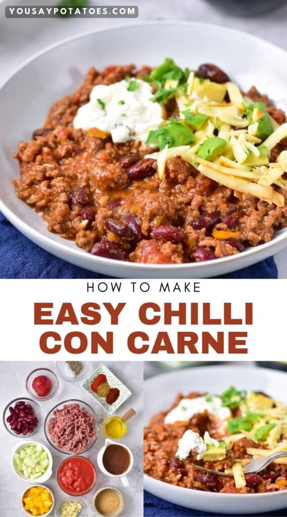 Bowl of chilli, ingredients and text: How to make easy chilli con carne.
