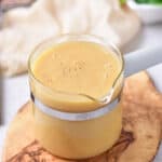 Pot of homemade turkey gravy without drippings.