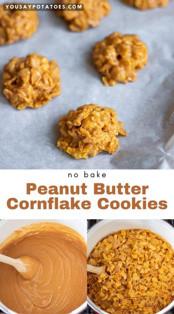 Cookies on a tray, pot of melting syrup and peanut butter, pot with cornflakes added, and text: No bake Peanut Butter Cornflake Cookies.