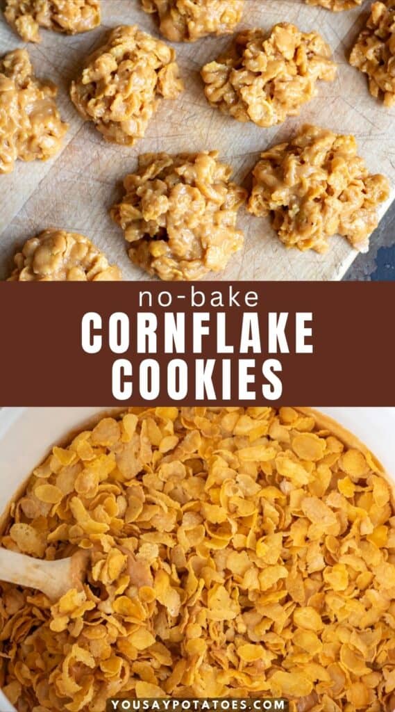 Wooden board of cookies, making them, and text: no bake cornflake cookies.