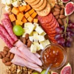 Looking down at a loaded meat and cheese tray.