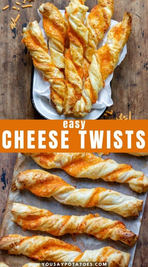 Dish of cheese straws, rows of freshly baked puff pastry cheese twists, and text: Easy Cheese Twists.