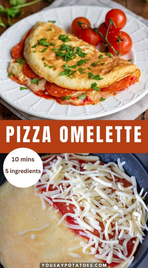 Plate with omelet, photo of making it, and text: Pizza Omelet, 10 mins, 5 ingredients.