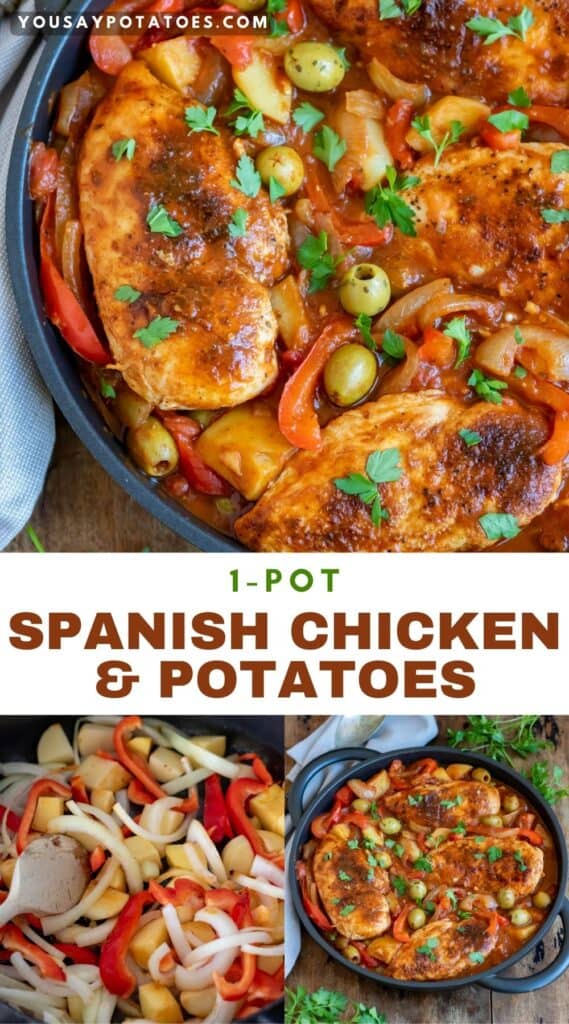 Pictures of making a chicken dish, with text: 1 pot Spanish Chicken and Potatoes.