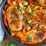Close up of Spanish chicken and potatoes.