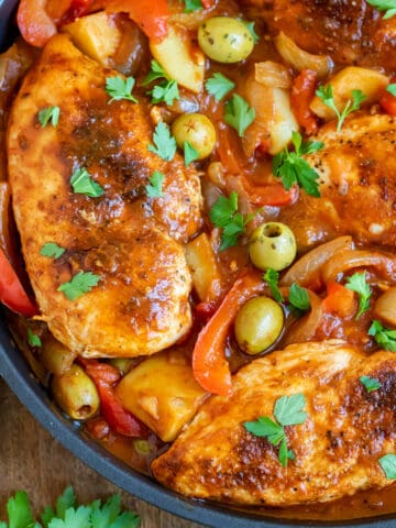 Close up of Spanish chicken and potatoes.