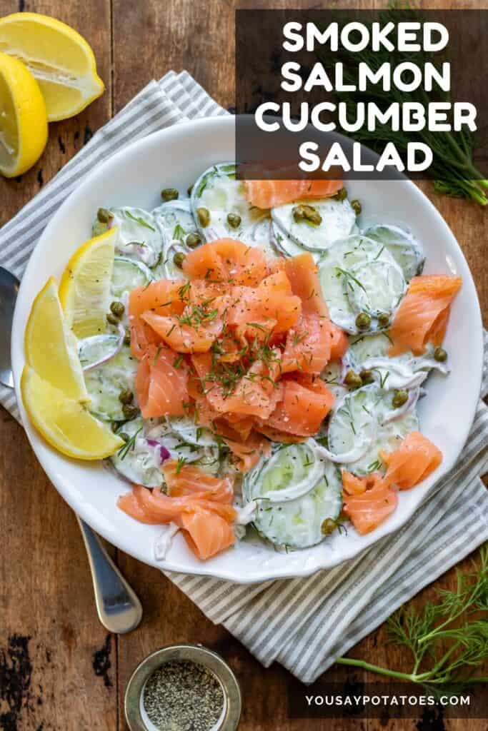 Salad on a table with text: Smoked Salmon Cucumber Salad.