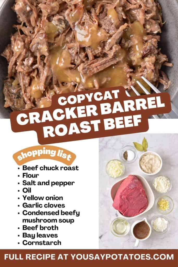 Photo of roast beef, list of ingredients and text: Copycat Cracker Barrel Roast Beef.