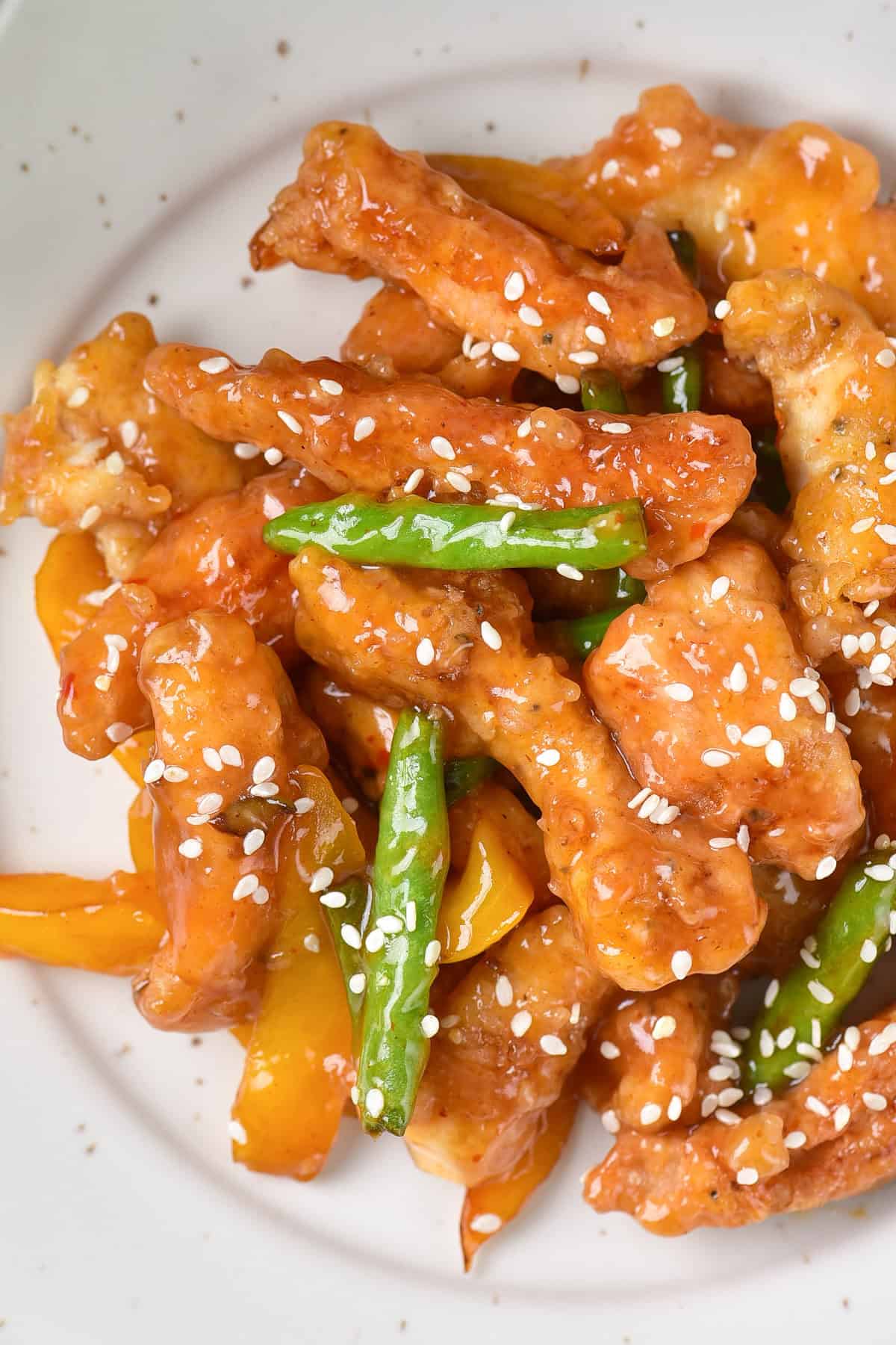 Close up of Panda Express honey sesame chicken.