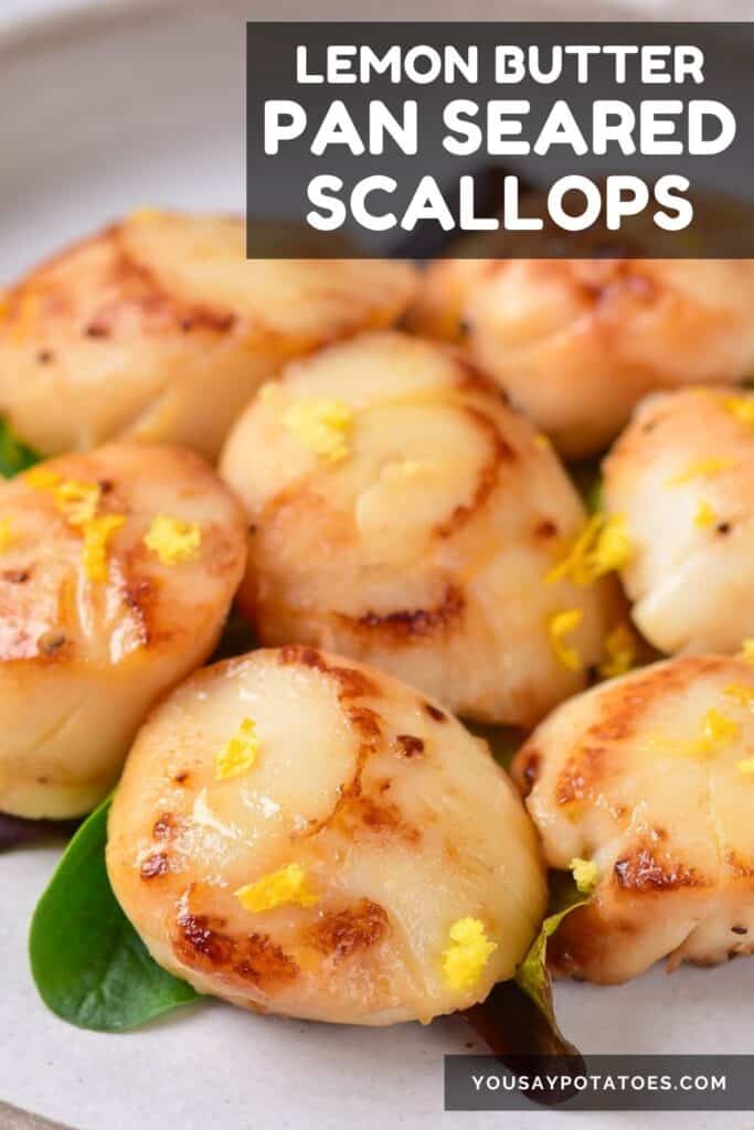 Plate of scallops, with text: Lemon Butter Pan Seared Scallops.