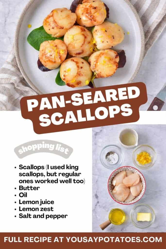 Plate of fried scallops, ingredients on a table and list of ingredients.
