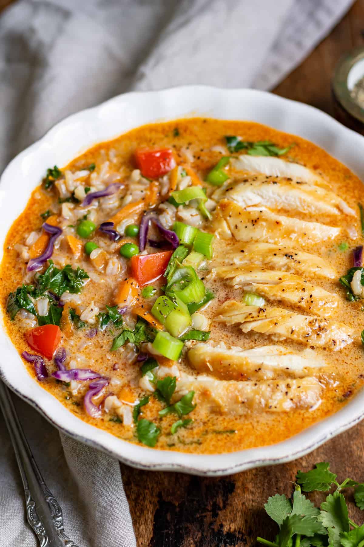 Bowl of Thai Red Curry Chicken Soup.