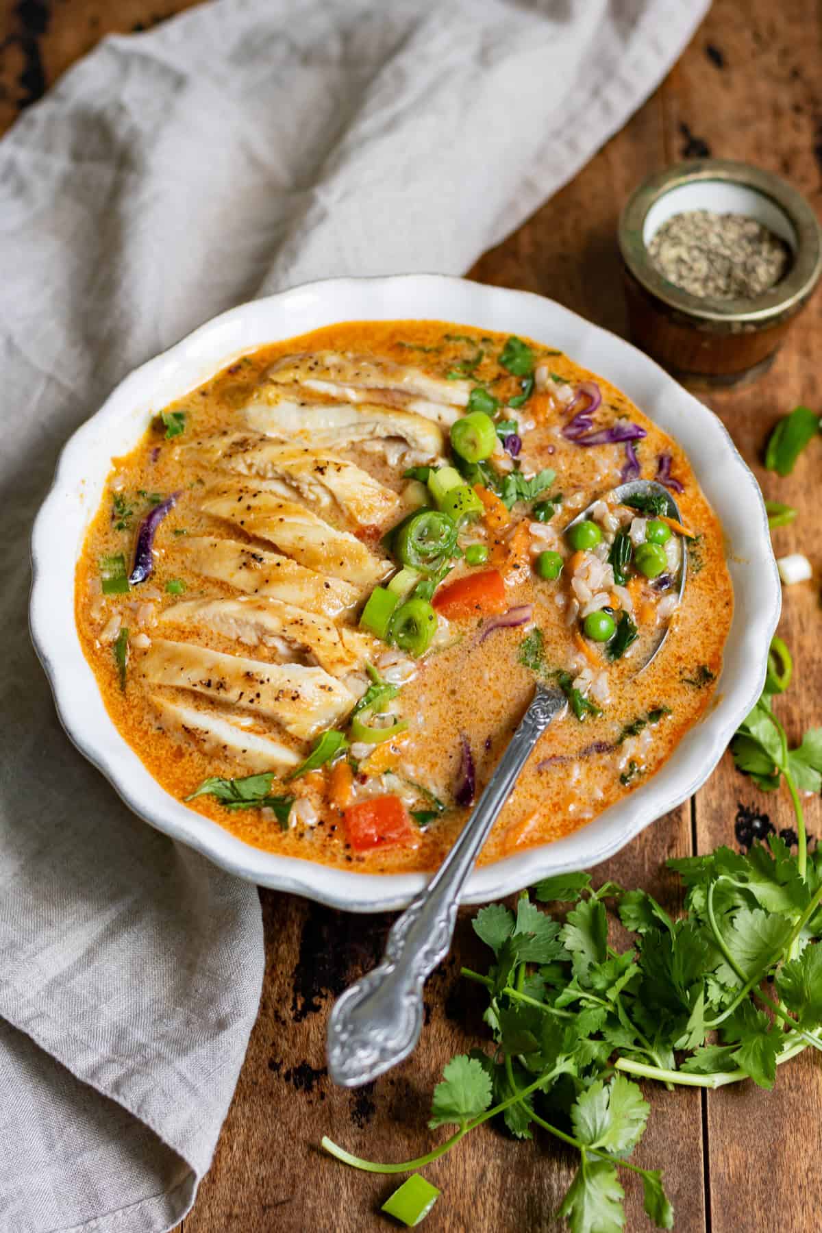Spoon in a bowl of Thai Chicken Rice Soup.