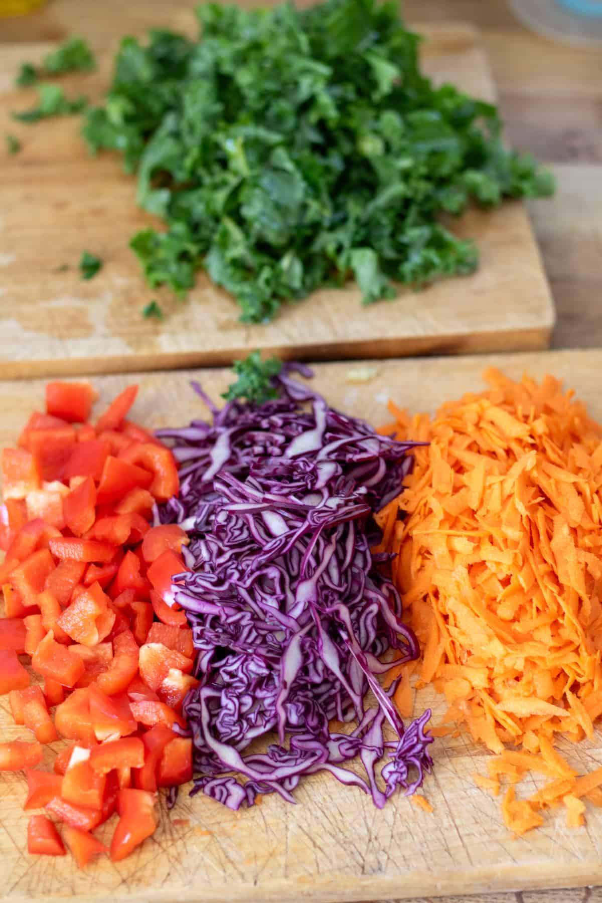 Shredded carrot, sliced red cabbage, diced red bell pepper and chopped kale, on cutting boards.