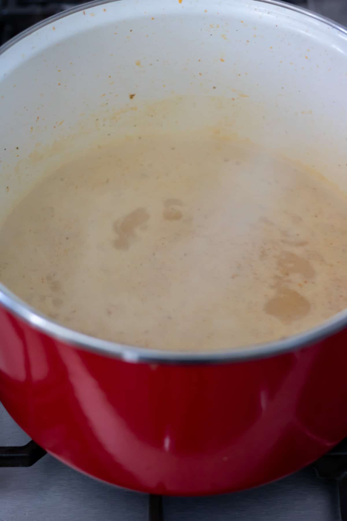 Coconut milk and stock added to the soup base.