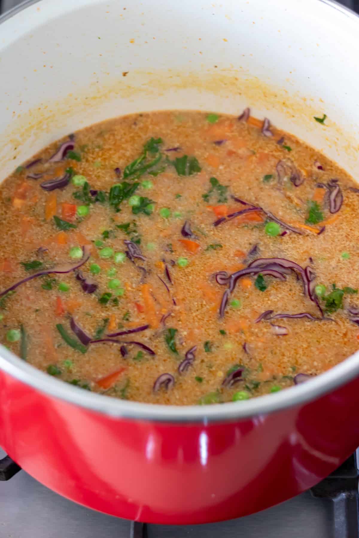 Vegetables added to the Thai red curry soup.
