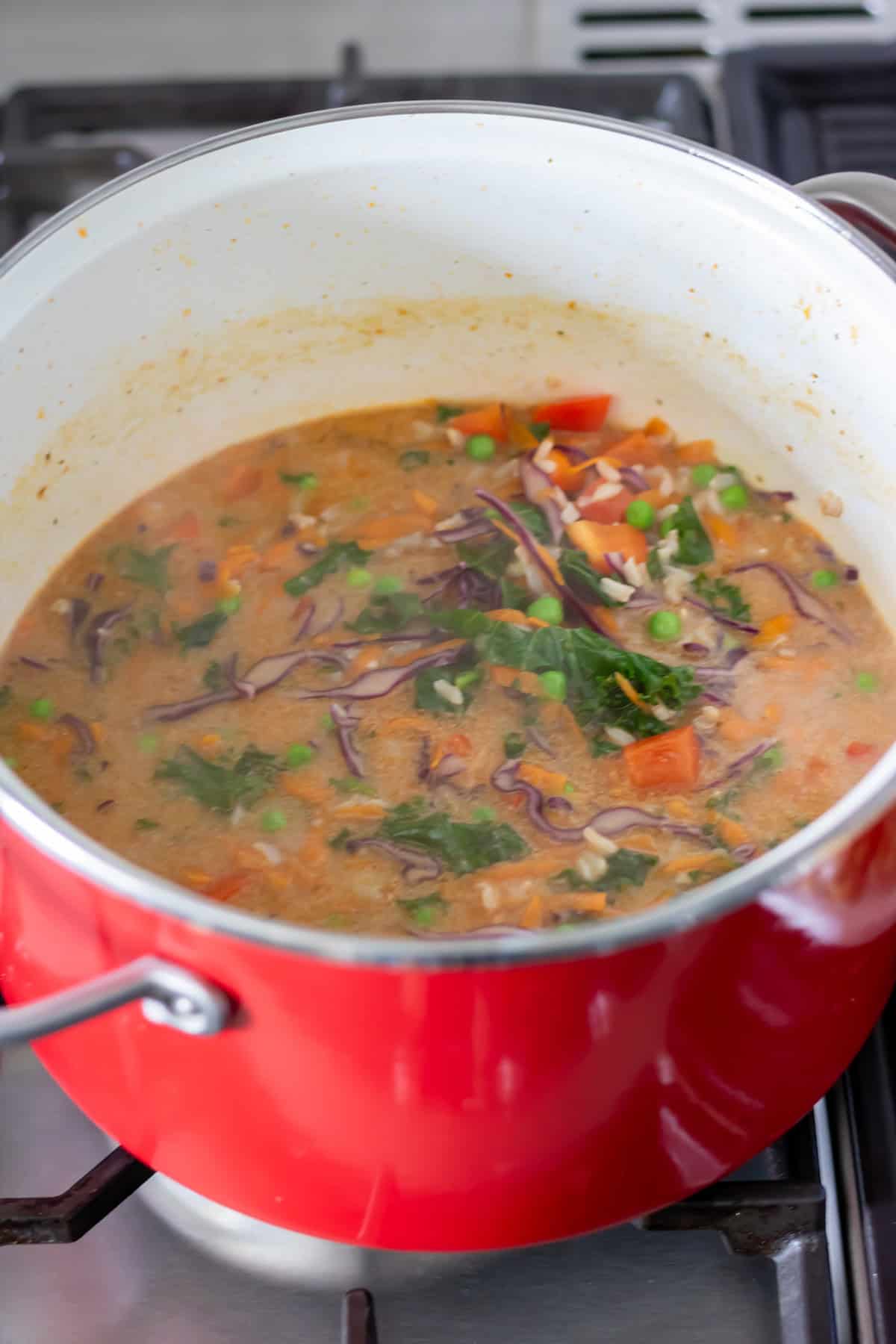 Simmering thai chicken soup.
