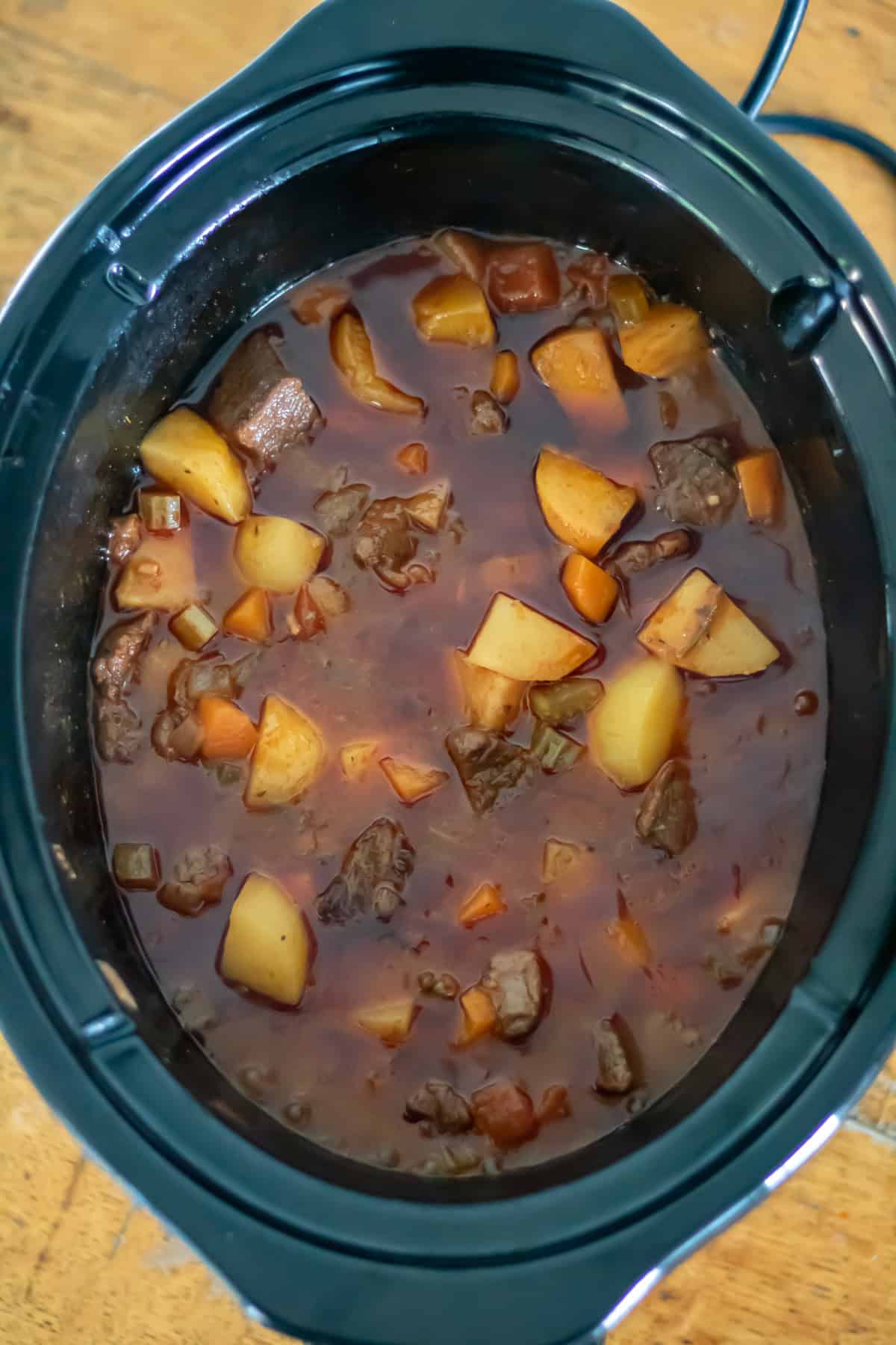 Cooked spezzatino di manzo Italian beef stew.