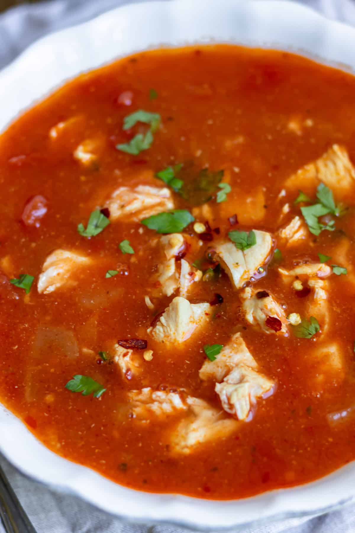 Close up of a bowl of spicy tomato chicken soup.