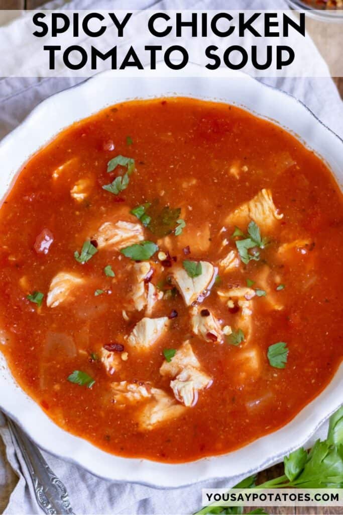 Bowl of soup, with text: Spicy Chicken Tomato Soup.