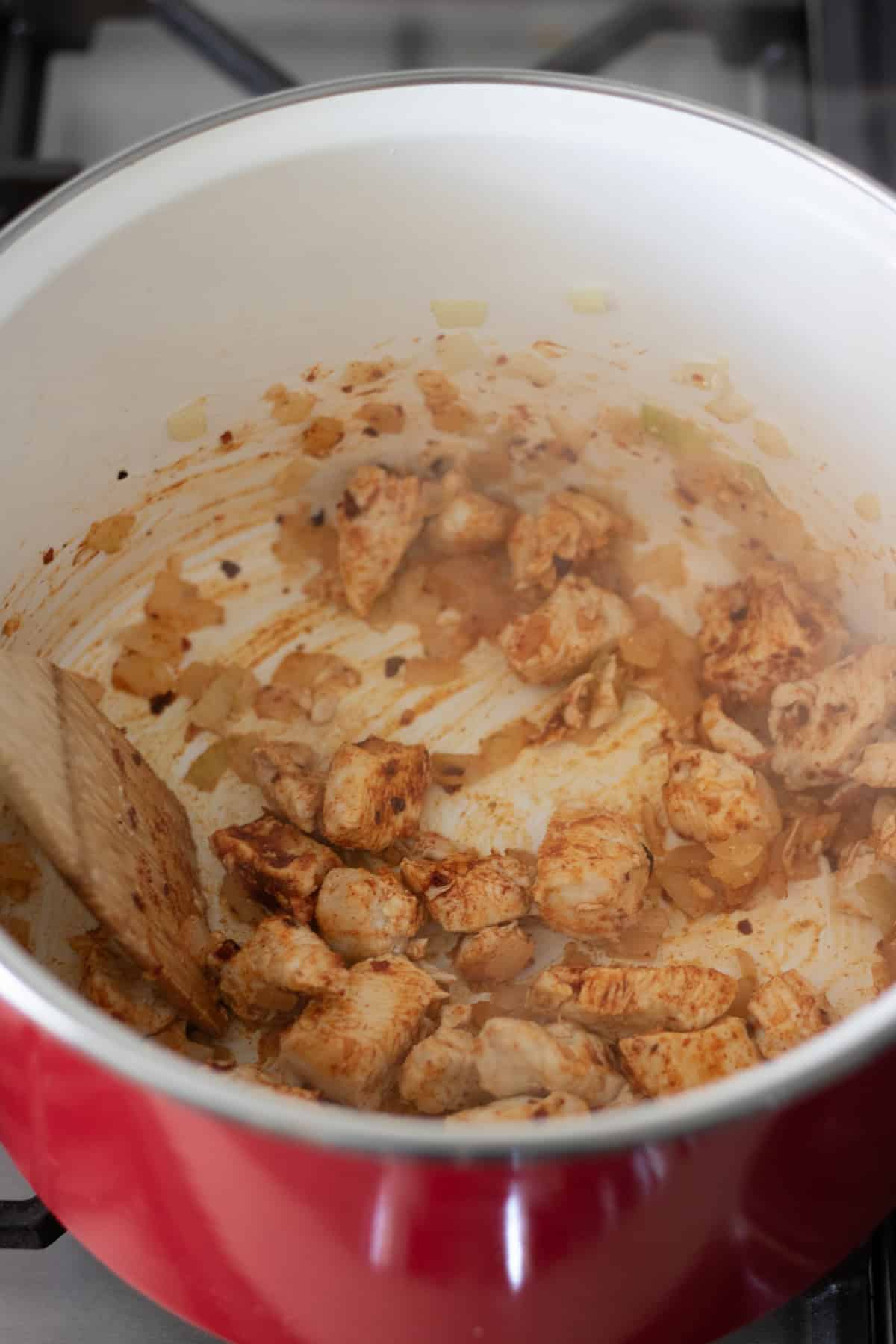 Chicken, chili and onions in the pot.