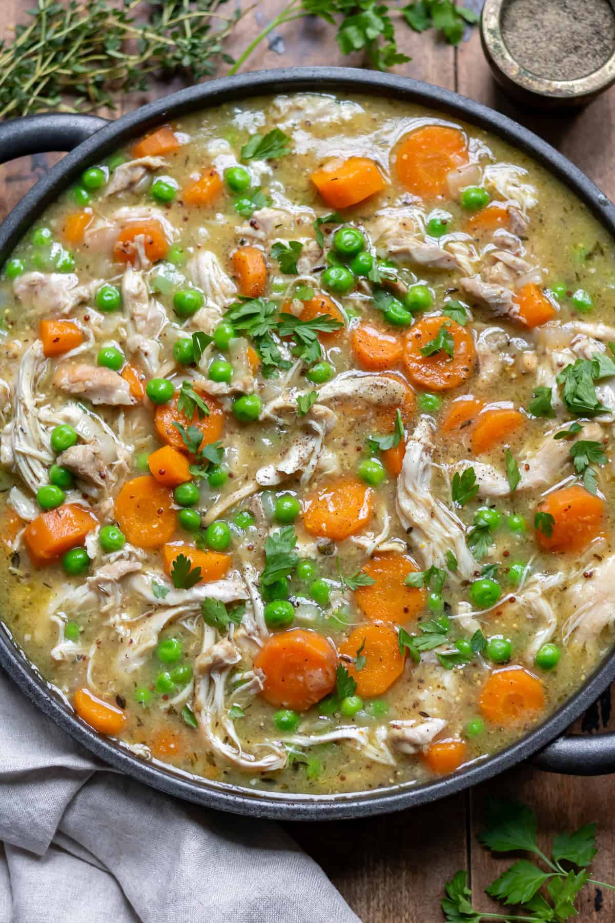 A serving dish of slow cooker chicken casserole.