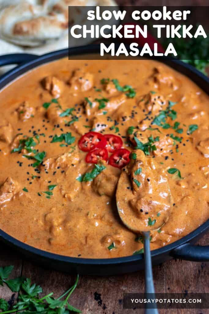 Dish of curry, with text: slow cooker chicken tikka masala.