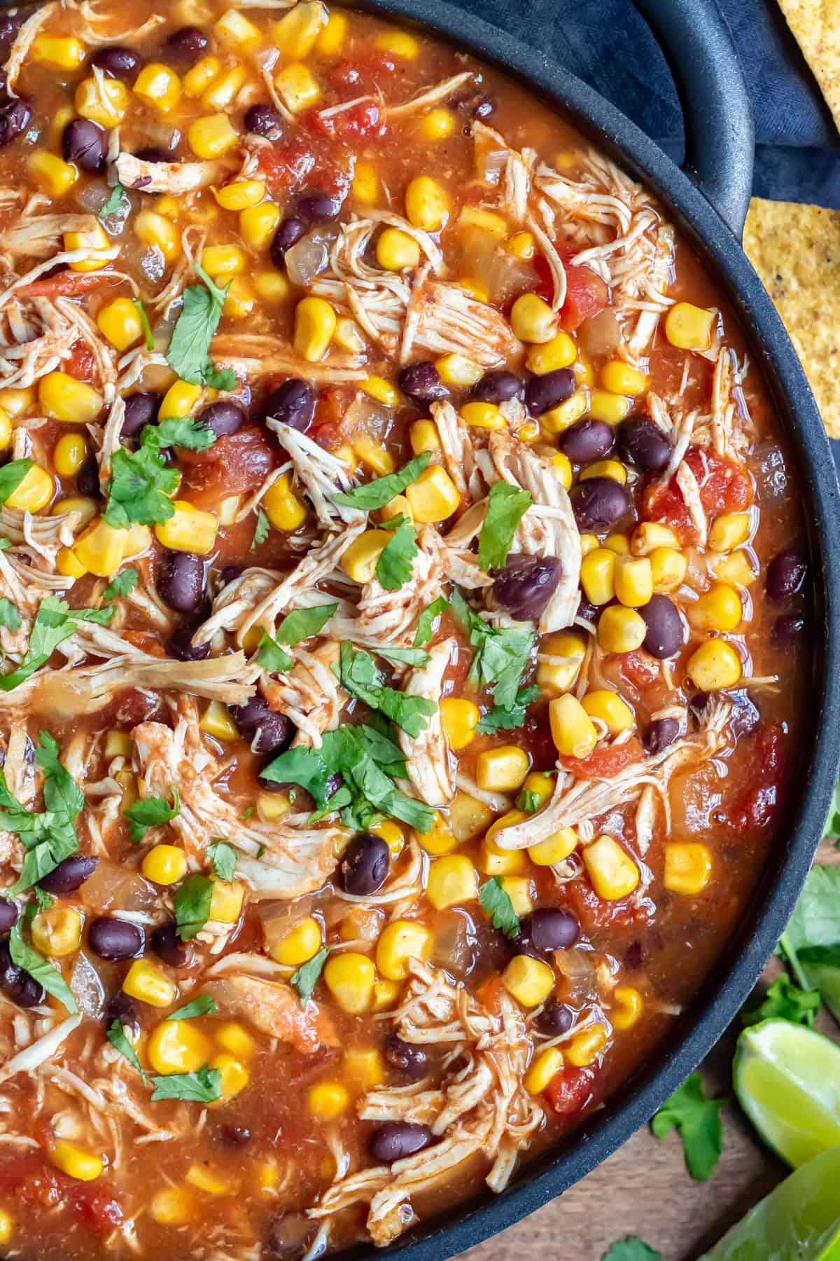Close up of a serving dish of slow cooker mexican chicken soup.