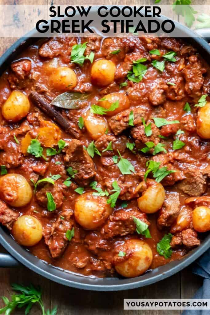 A dish of beef stew, with text: Slow Cooker Greek Stifado.