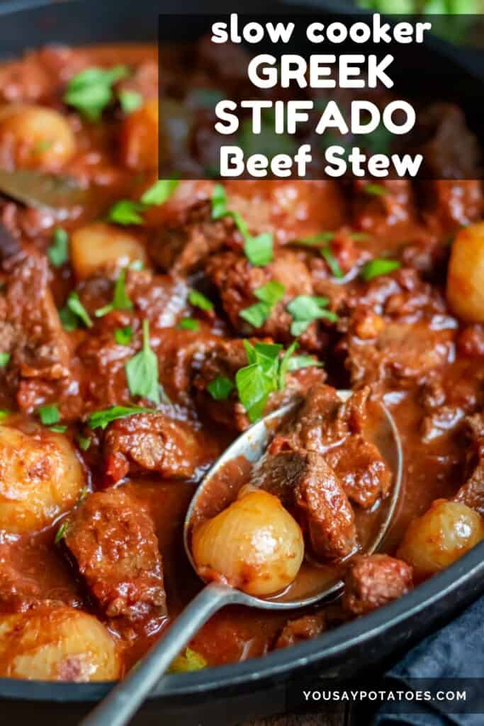 Spoon in a serving dish of beef stew, with text: Slow Cooker Greek Stifado.