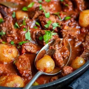 Spoon in a dish of slow cooker Greek stifado.
