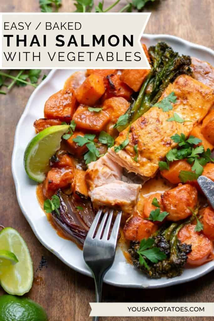 Plate of salmon and veggies with text: Easy Baked Thai Salmon with Vegetables.
