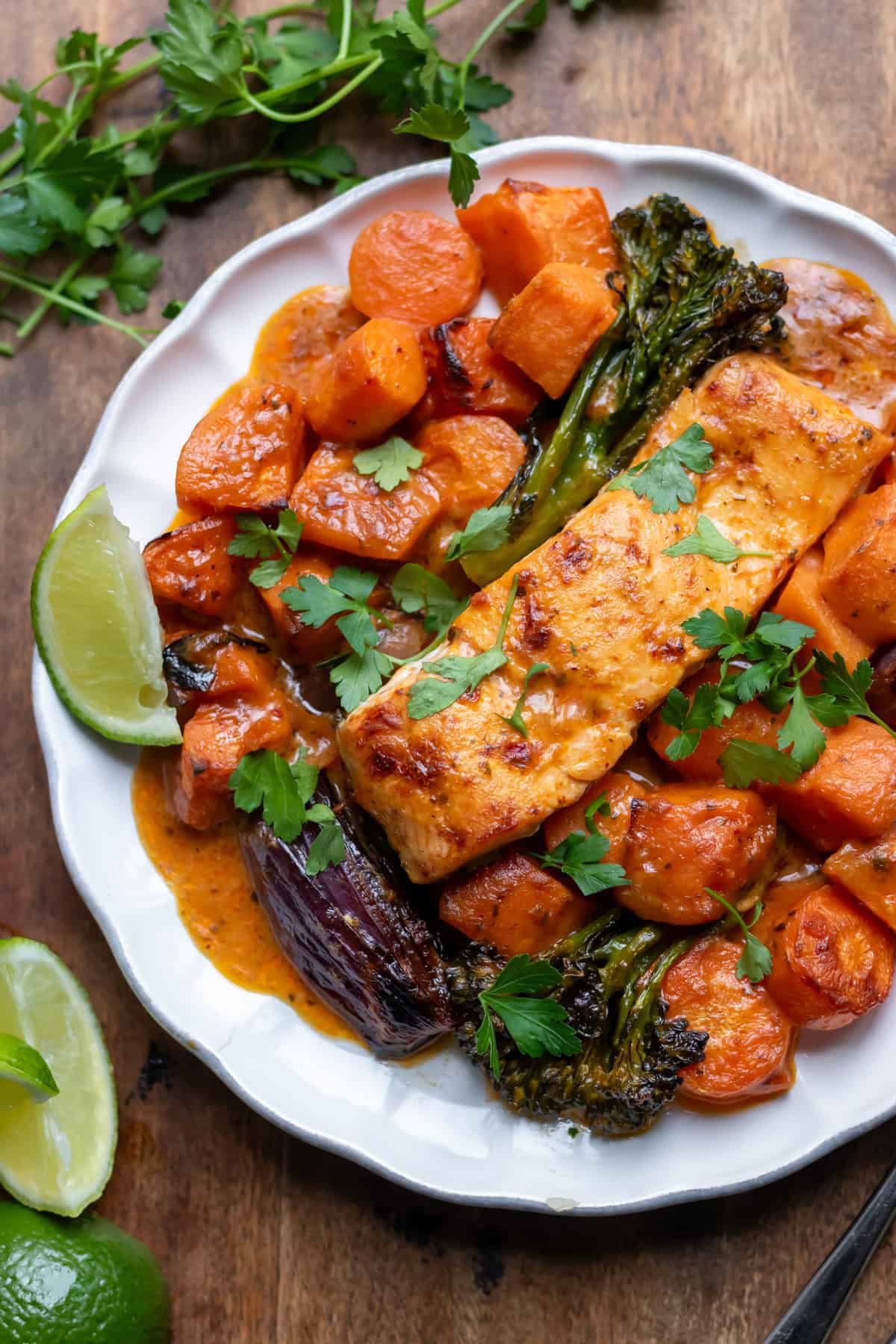 A plate of baked Thai salmon and vegetables.