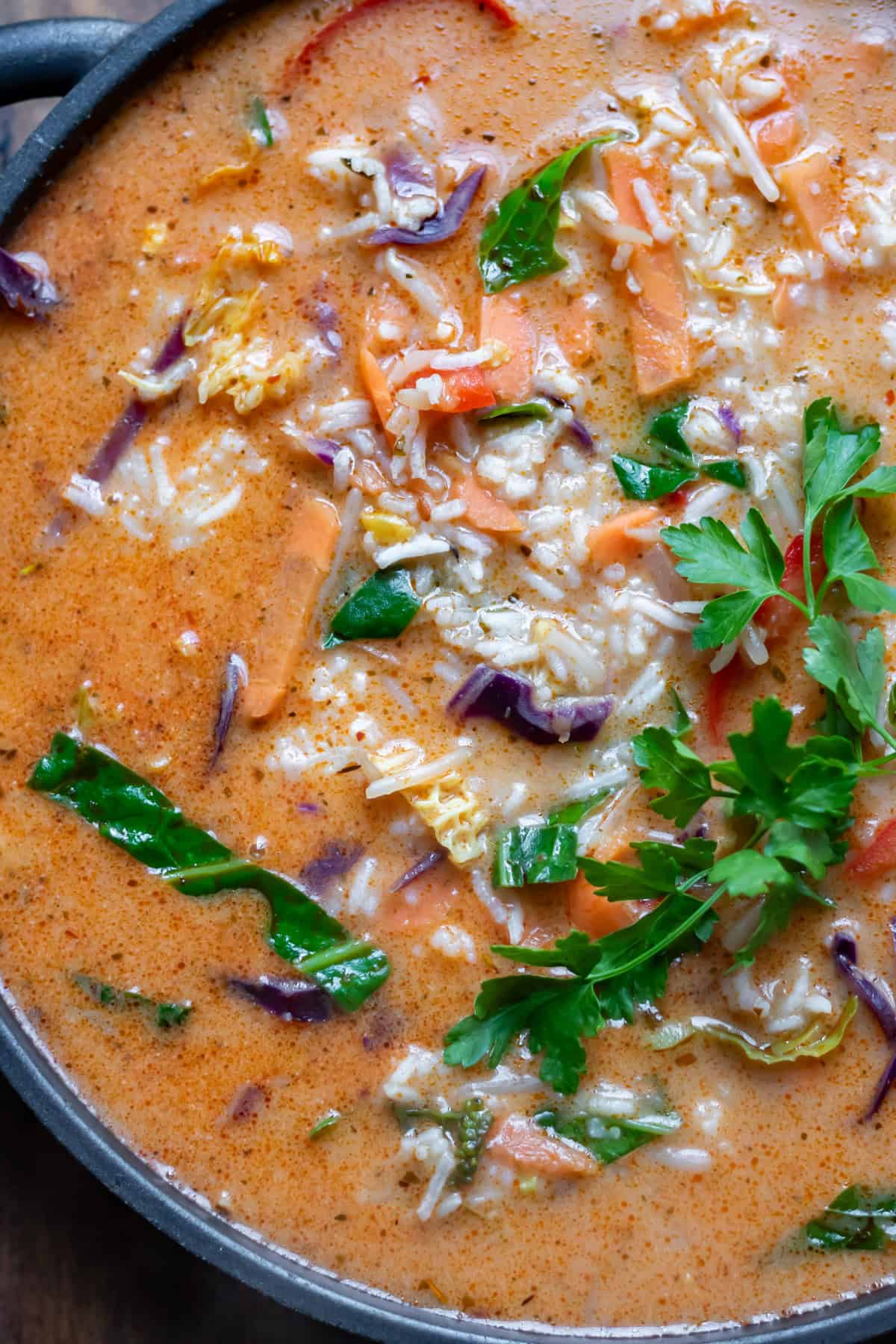 Close up of a bowl of Thai vegetable soup with rice.