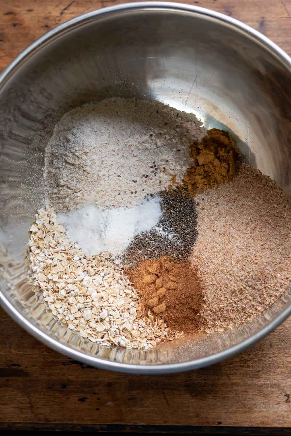 Dry ingredients added to a mixing bowl.