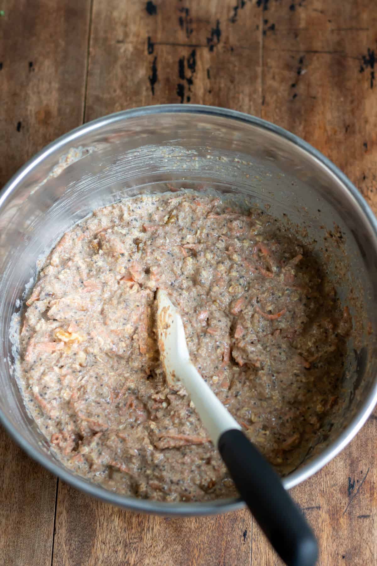 Rested high fiber carrot cake muffin batter.