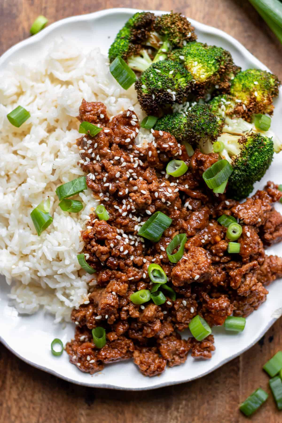 Close up of a plate of rice, air fryer broccoli and Korean ground beef.