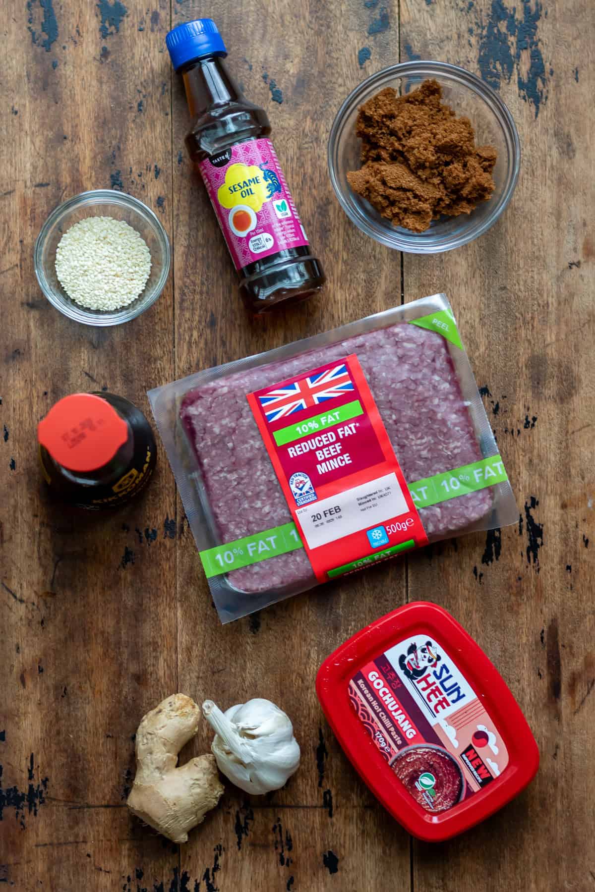 Ingredients for Korean ground beef on a table.