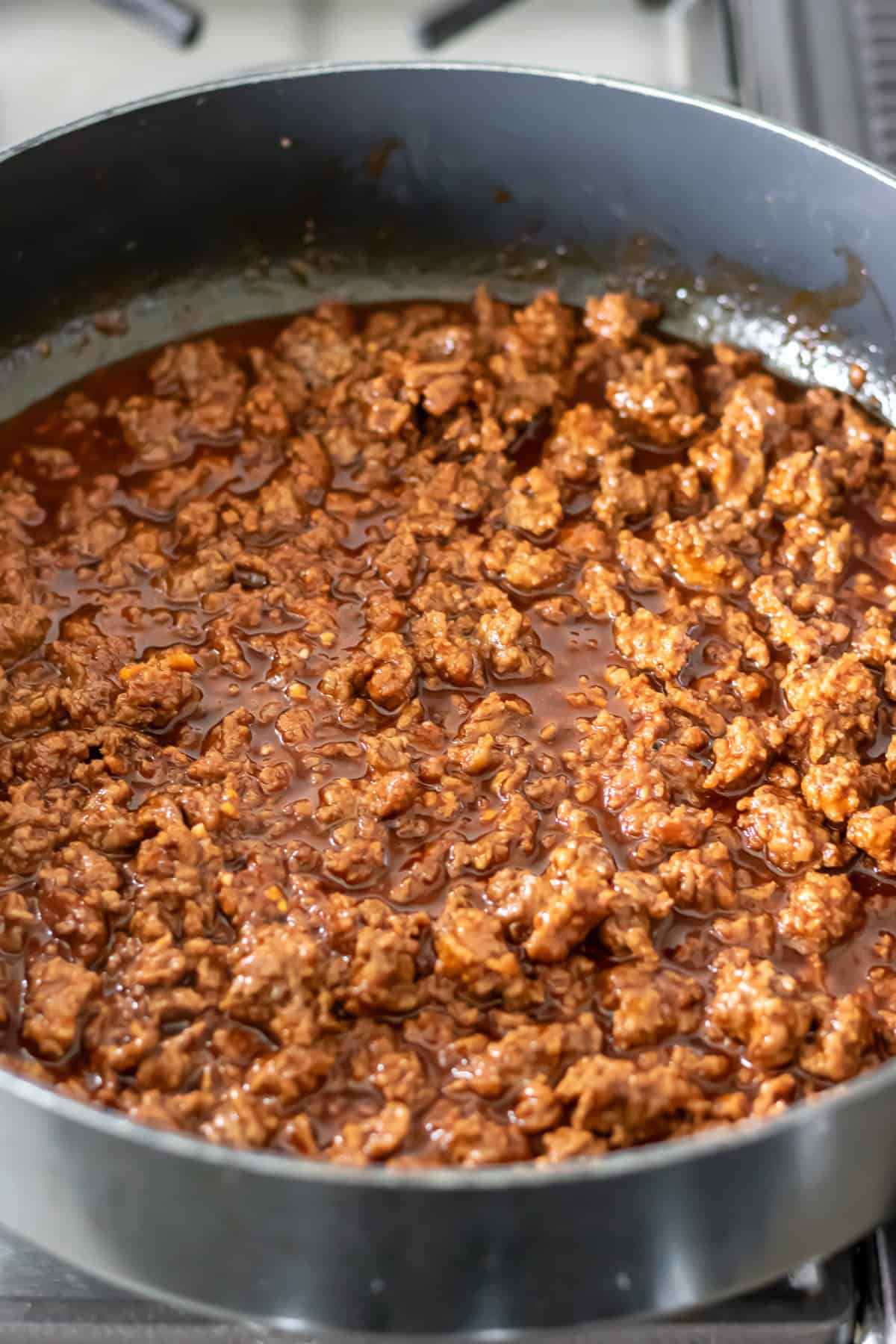 Ground beef simmering in the Korean gochujang sauce.