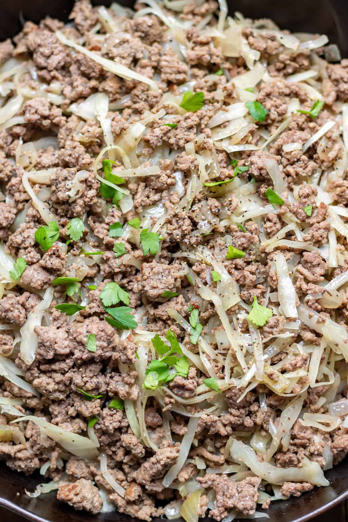 Close up of a ground beef and cabbage skillet dinner.