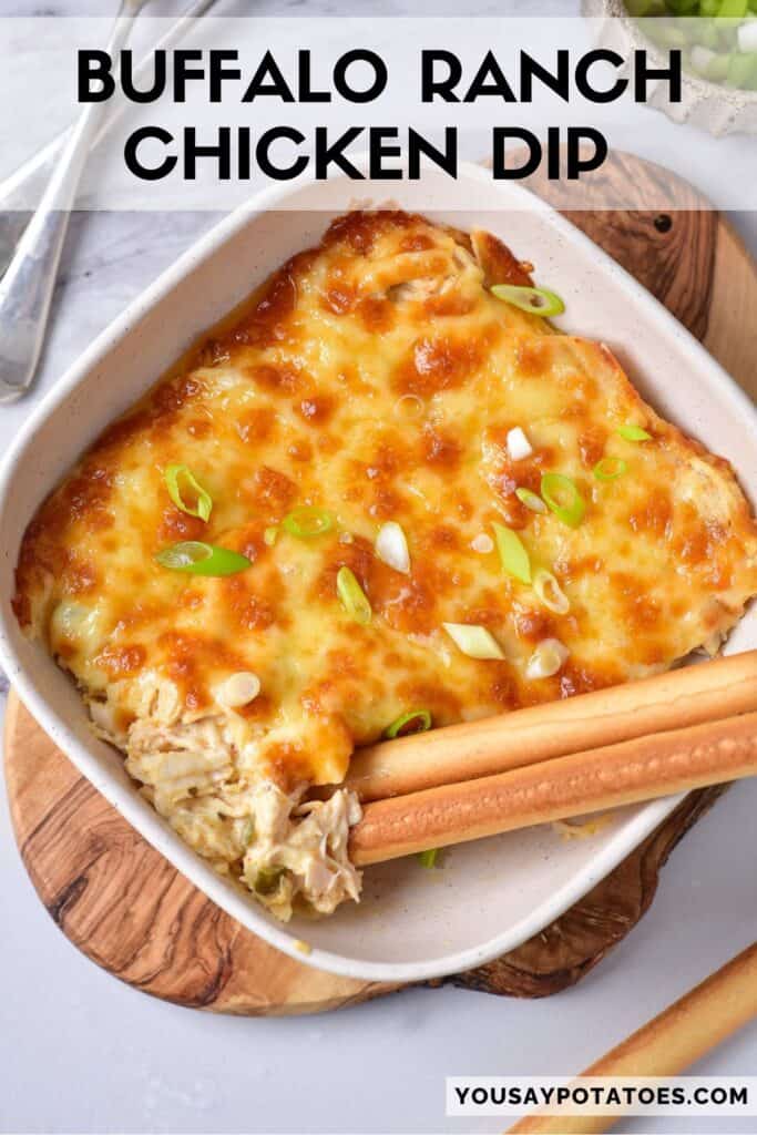 Dish of dip, with text: Buffalo Ranch Chicken Dip.