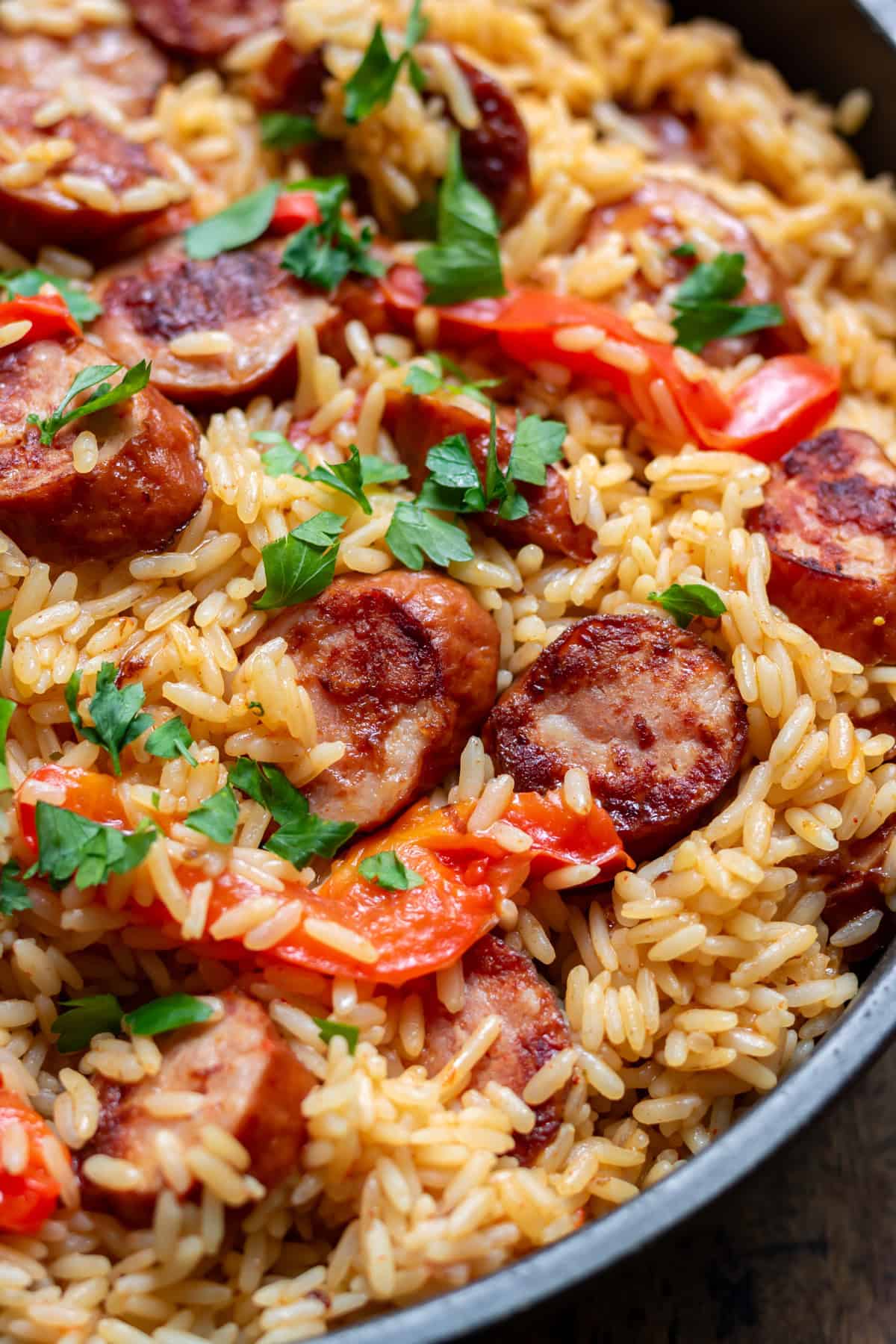 Close up of a dish of kielbasa rice skillet meal.
