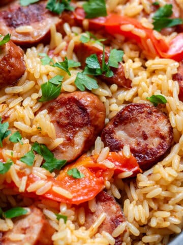 Close up of a dish of kielbasa sausage rice skillet meal.