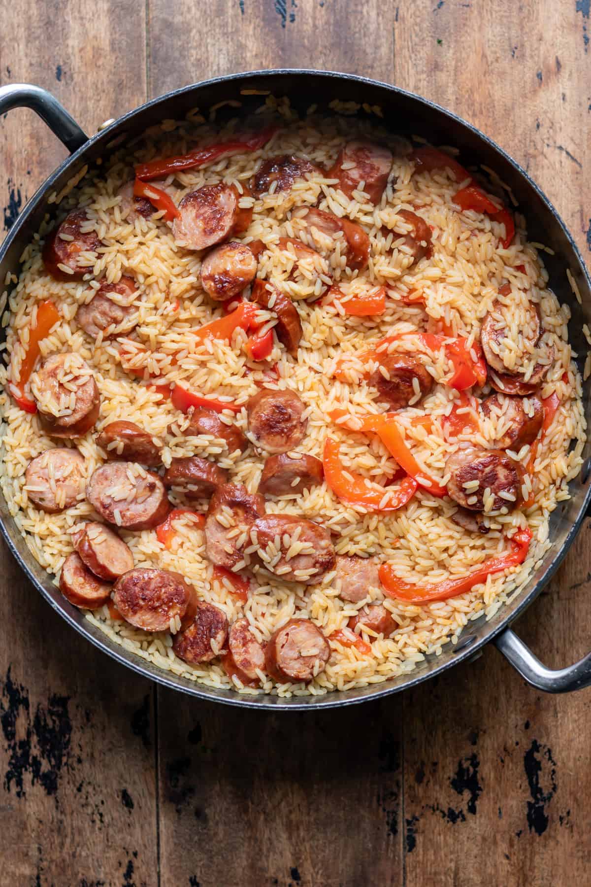 Finished sausage rice skillet dinner.