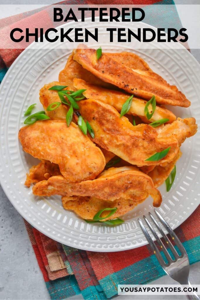 A plate of cooked chicken, with text: Battered Chicken Tenders.